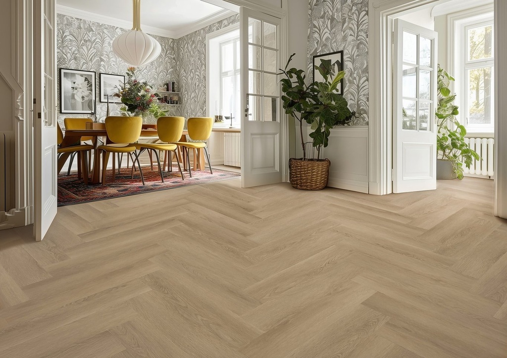 Gelasta Highland Visgraat 2603 (dryback) Naturel gelegd in een interieur