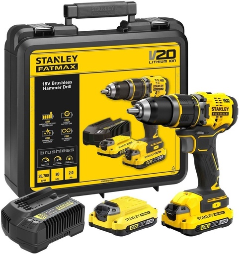 [WERSTCD726D2K] Stanley FATMAX 18V 2x2.0Ah Brushless schroef / klopboormachine set