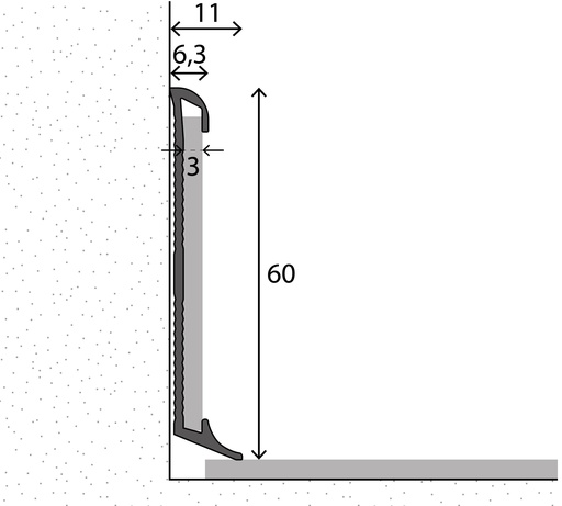 [223780011] Wandprofiel nr. 60mm v. PVC inleg aluminium 10x270cm - nr. 378 | 3782011270