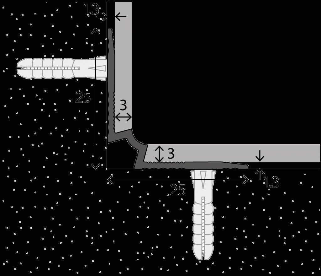 Traprand binnenhoek profiel PVC 2-3mm Edelstaal-Mat 25x25mm 10x250cm - nr. 107 1071314250